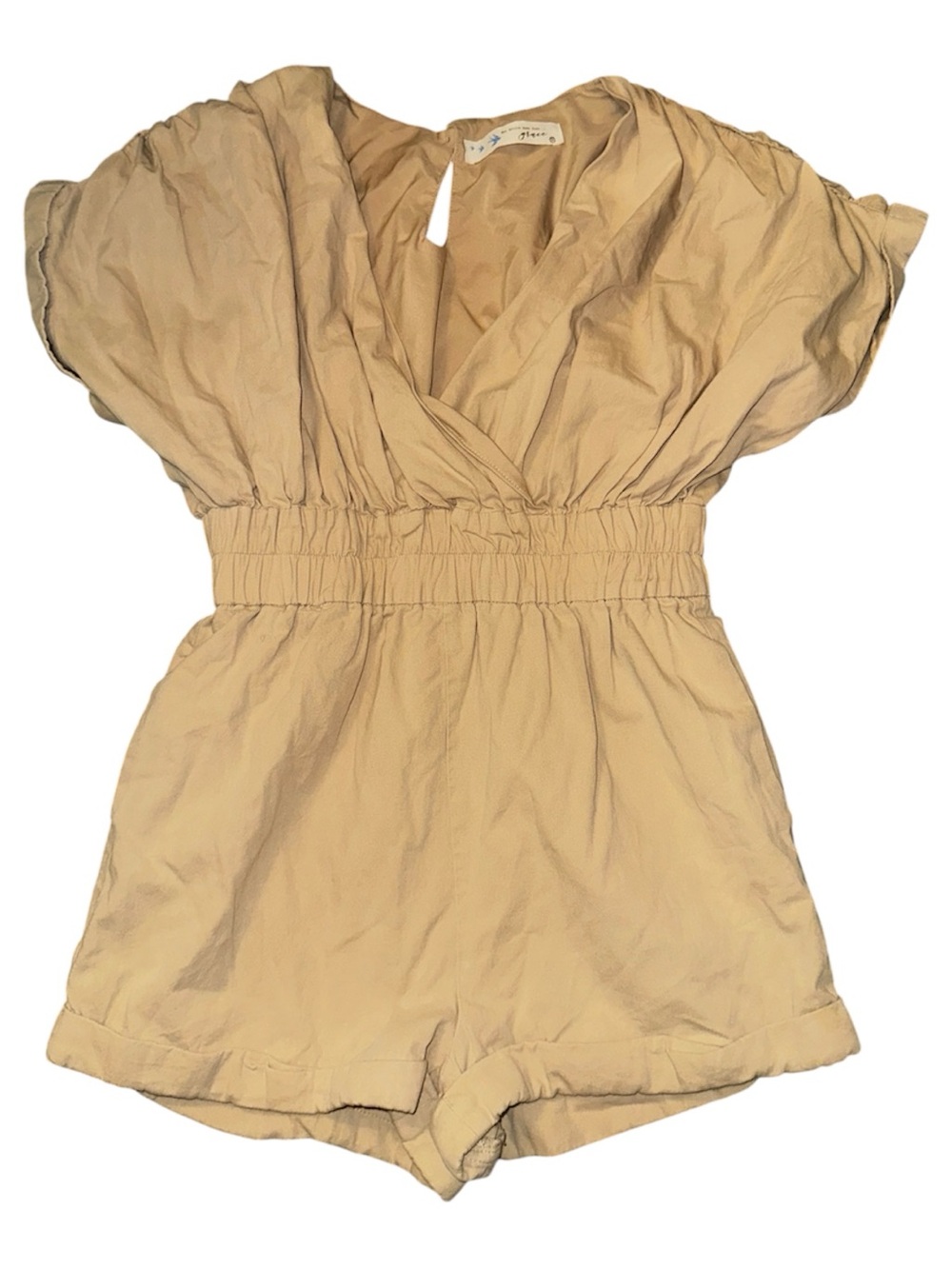 Beige Short Sleeve Smocked-Waist Romper - Women